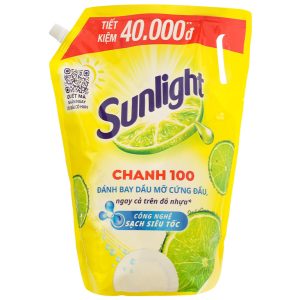 Nước rửa chén Sunlight Chanh 100 đánh bay dầu mỡ cứng đầu túi 3.38 lít